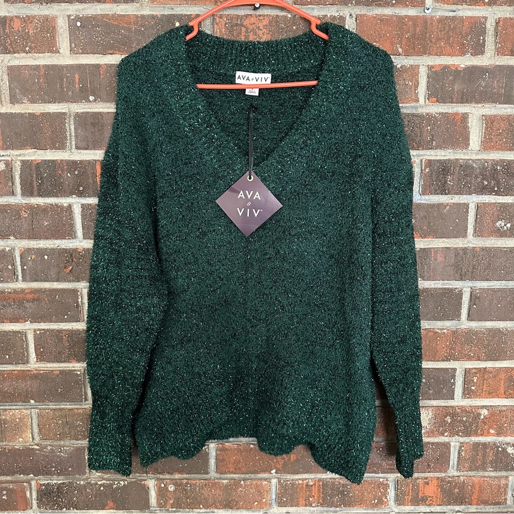 NWT Plus Size Green Ava & Viv Glitter V-Neck Sweater